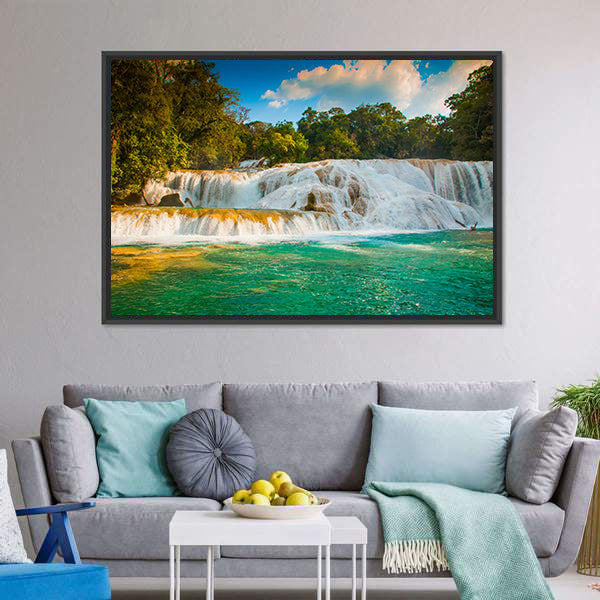 Agua Azul Waterfall Canvas Wall Art-3 Horizontal-Gallery Wrap-25" x 16"-Tiaracle
