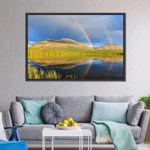 Double Rainbow Over Lake And Mountains Canvas Wall Art-3 Horizontal-Gallery Wrap-25" x 16"-Tiaracle