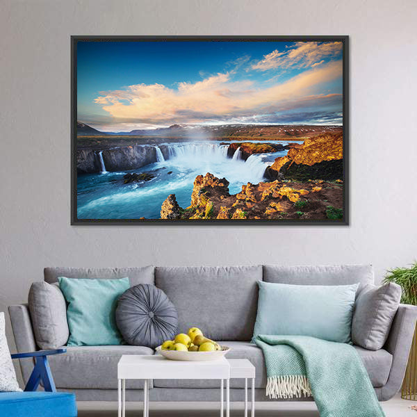 Godafoss Waterfall At Sunset Canvas Wall Art-5 Horizontal-Gallery Wrap-22" x 12"-Tiaracle