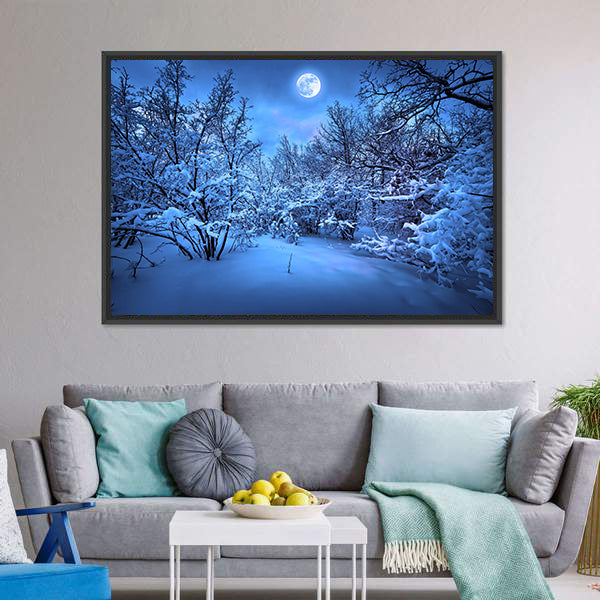 Moonlight Over Snowy Forest Canvas Wall Art