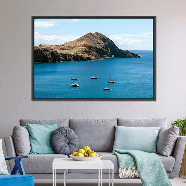 Rocky Island with Anchored Sailboats Canvas Wall Art