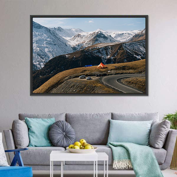 Winding Mountain Road with Snow-capped Peaks Canvas Wall Art