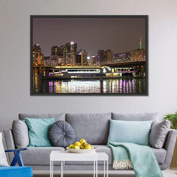 Night City Skyline with Bridge Reflection Canvas Wall Art