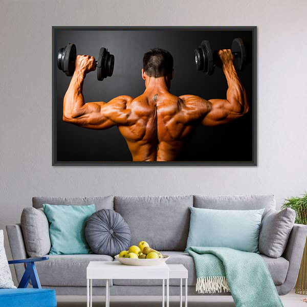Bodybuilder Training With Dumbbells Canvas Wall Art-5 Horizontal-Gallery Wrap-22" x 12"-Tiaracle