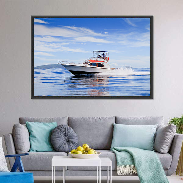 Motorboat In Ocean Canvas Wall Art-5 Horizontal-Gallery Wrap-22" x 12"-Tiaracle
