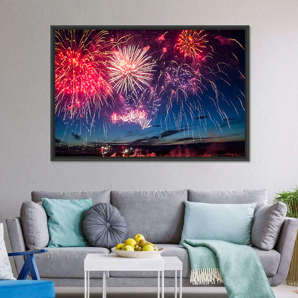 Colorful Fireworks Over City Skyline Canvas Wall Art