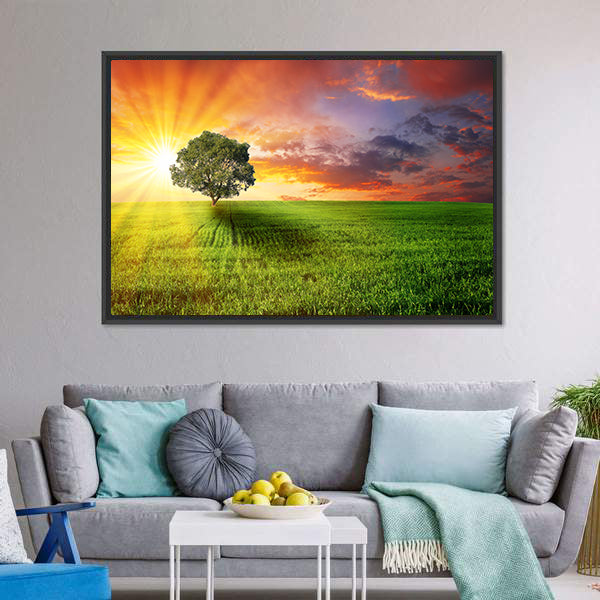 Alone Tree On Green Meadow Canvas Wall Art-5 Horizontal-Gallery Wrap-22" x 12"-Tiaracle