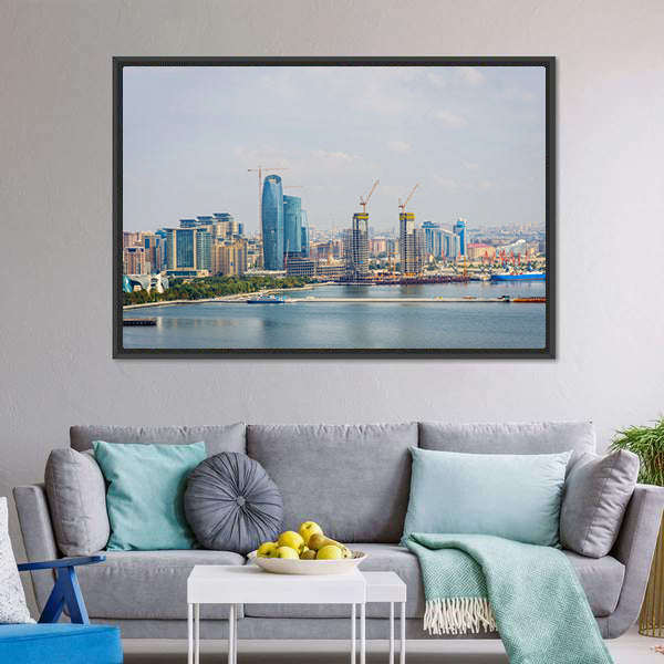 Baku Skyline With Caspian Sea Canvas Wall Art-3 Horizontal-Gallery Wrap-25" x 16"-Tiaracle