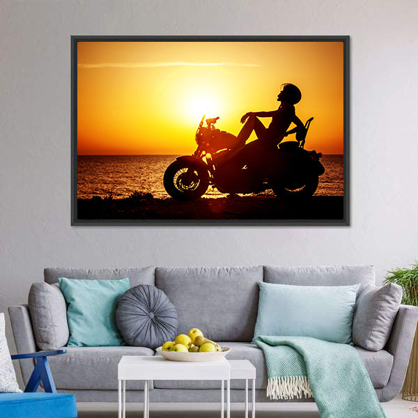 Coastal Motorcycle at Sunset Canvas Wall Art