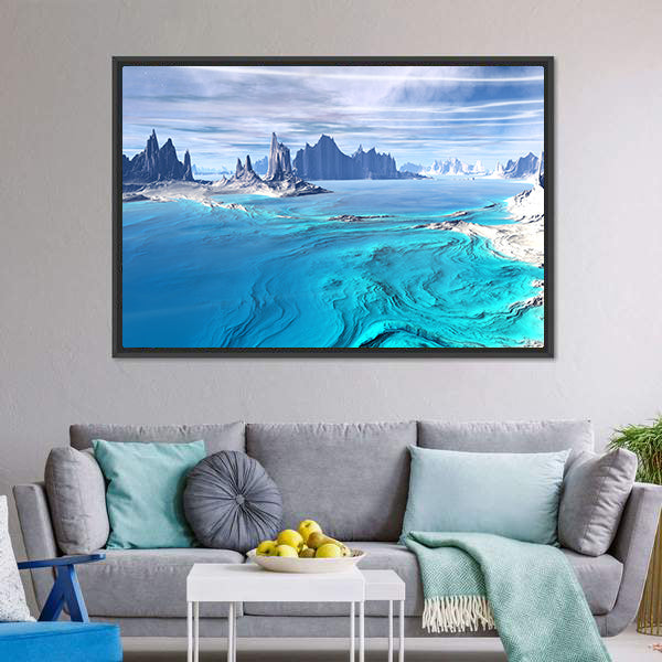 Alien Lake with Pointed Rock Formations Canvas Wall Art