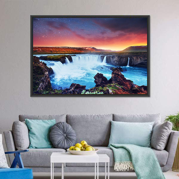 Amazing Godafoss Waterfall Canvas Wall Art-5 Horizontal-Gallery Wrap-22" x 12"-Tiaracle