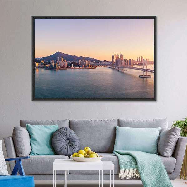 Aerial City Bridge at Sunset Canvas Wall Art