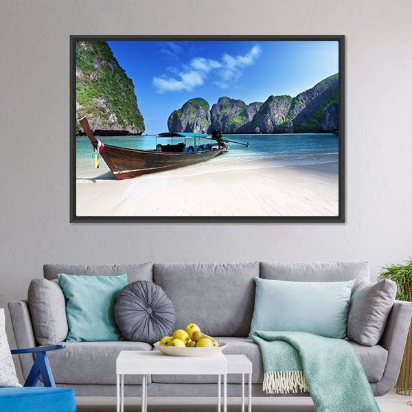 Longtail Boat at Maya Bay, Thailand Canvas Wall Art