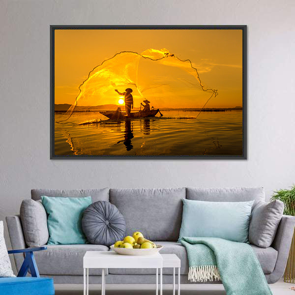 Fisherman Of Bangpra Lake In Thailand Canvas Wall Art-5 Horizontal-Gallery Wrap-22" x 12"-Tiaracle