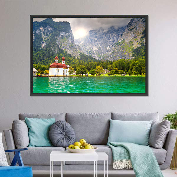 Lake Konigssee with Red-domed Church Canvas Wall Art