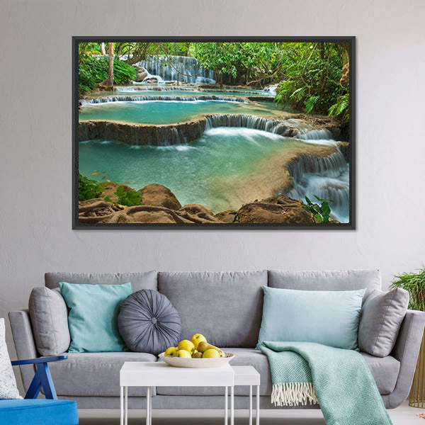 Kuang Si Waterfall Canvas Wall Art-5 Horizontal-Gallery Wrap-22" x 12"-Tiaracle