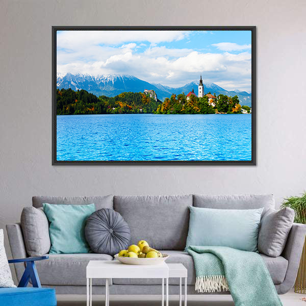 Church And Bled Lake Canvas Wall Art-3 Horizontal-Gallery Wrap-25" x 16"-Tiaracle