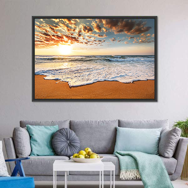 Brilliant Ocean Beach Sunrise Canvas Wall Art-5 Horizontal-Gallery Wrap-22" x 12"-Tiaracle