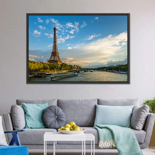 Eiffel Tower and Seine River Canvas Wall Art-5 Horizontal-Gallery Wrap-22" x 12"-Tiaracle