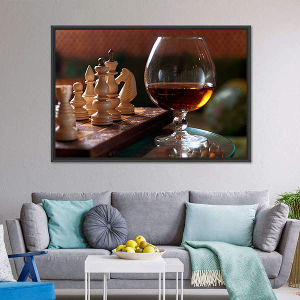 Chess Board And Chess Pieces With Wine Canvas Wall Art-5 Horizontal-Gallery Wrap-22&quot; x 12&quot;-Tiaracle