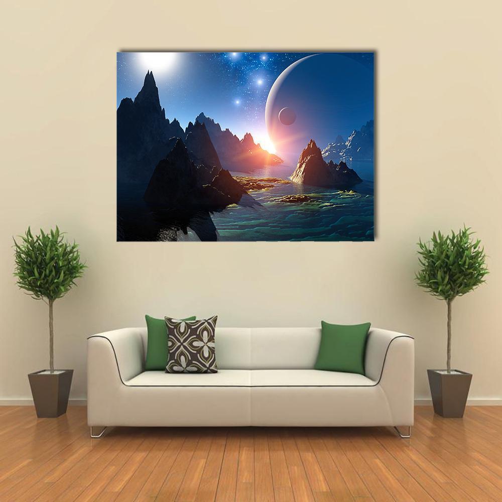 3d Alien Planet Scene Canvas Wall Art in black, orange and blue, single panel hung on a wall