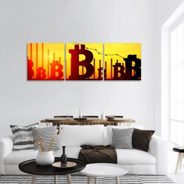 Bitcoin Price Graph Illustration Panoramic Canvas Wall Art in black, orange and yellow, single panel hung on a wall