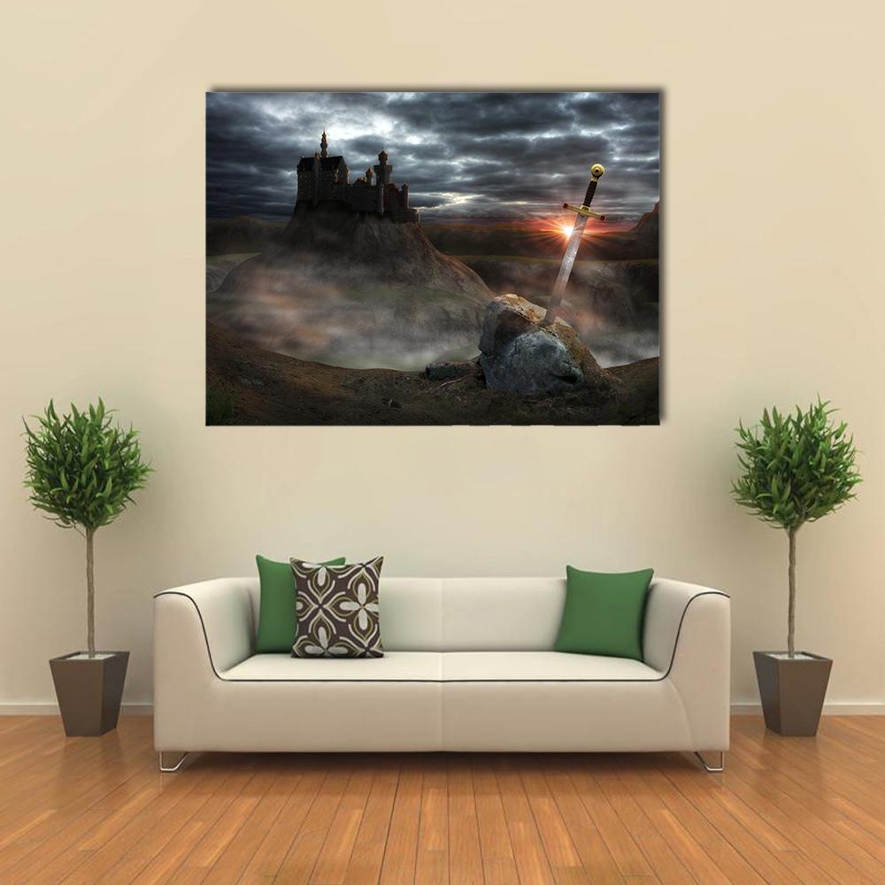Sword in Stone at Cliffside Castle Canvas Wall Art in black, gray and brown, single panel hung on a wall