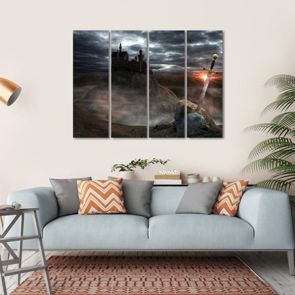 Legendary Castle With Sword Canvas Wall Art-4 Horizontal-Gallery Wrap-34" x 24"-Tiaracle