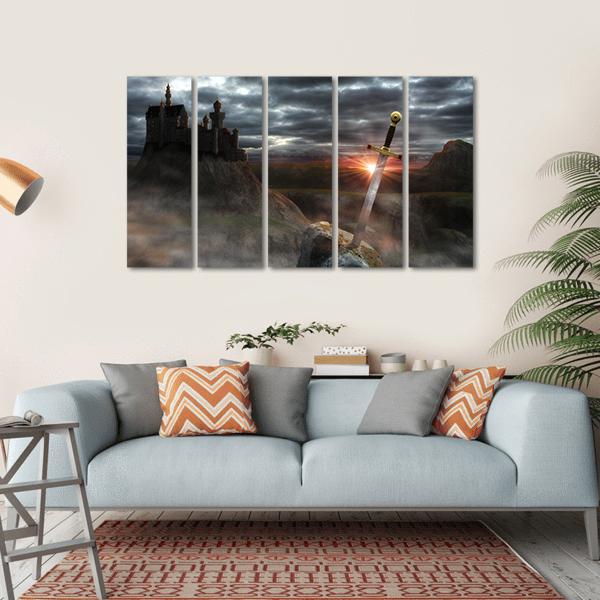 Legendary Castle With Sword Canvas Wall Art-5 Horizontal-Gallery Wrap-22" x 12"-Tiaracle