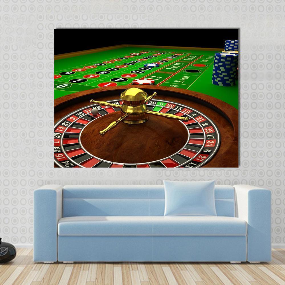 Roulette Wheel on Green Felt Canvas Wall Art in brown, red and green, single panel hung on a wall