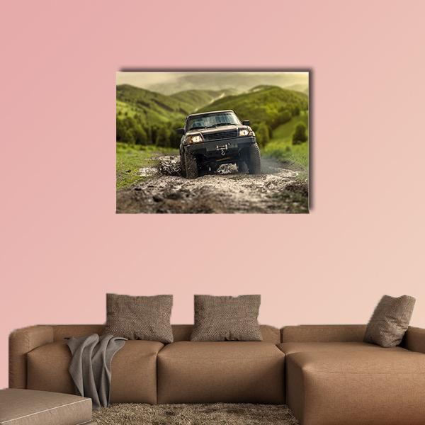 4x4 Crossing Muddy Road Canvas Wall Art in black, brown and green, single panel hung on a wall