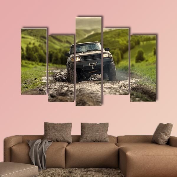 4*4 Crossing Puddly Road Canvas Wall Art-5 Star-Gallery Wrap-62" x 32"-Tiaracle