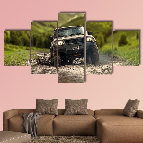 4*4 Crossing Puddly Road Canvas Wall Art-5 Star-Gallery Wrap-62" x 32"-Tiaracle