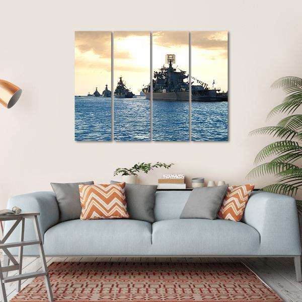 Row Of Military Ships Against Marine Sunset Canvas Wall Art-4 Horizontal-Gallery Wrap-34" x 24"-Tiaracle