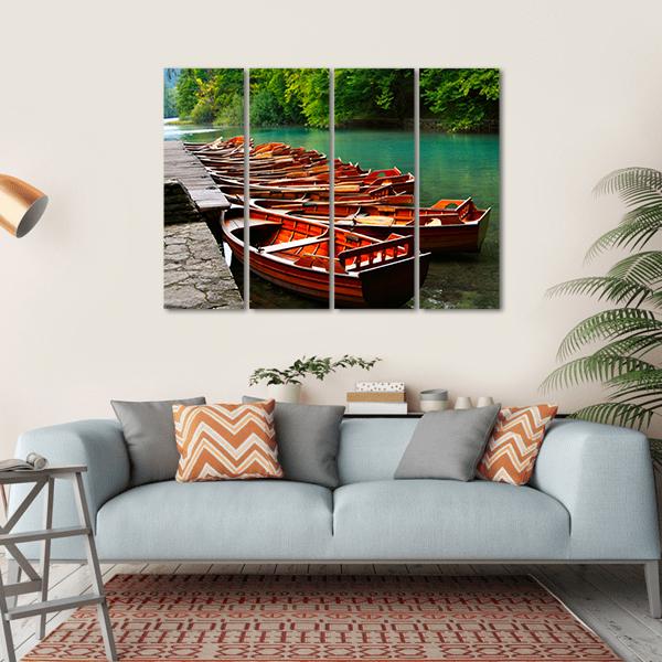 Boats In Green Lake Canvas Wall Art-4 Horizontal-Gallery Wrap-34" x 24"-Tiaracle