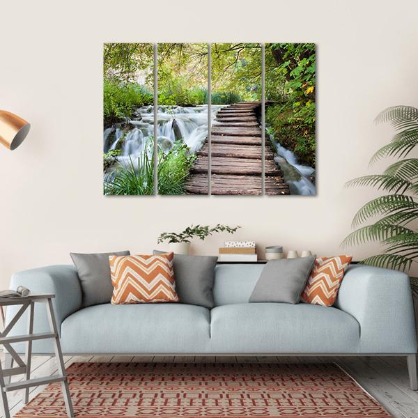 Wooden Path Along The Stream In Forest Canvas Wall Art-4 Horizontal-Gallery Wrap-34" x 24"-Tiaracle