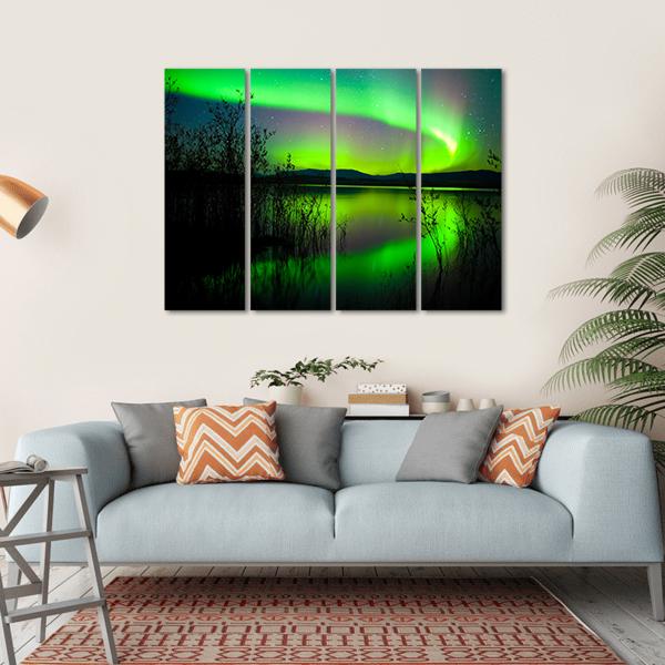 Silhouettes Of Intense Northern Lights over Lake Laberge Canada Canvas Wall Art-4 Horizontal-Gallery Wrap-34" x 24"-Tiaracle