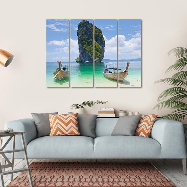 Cliff And Boats Thailand Canvas Wall Art-4 Horizontal-Gallery Wrap-34" x 24"-Tiaracle