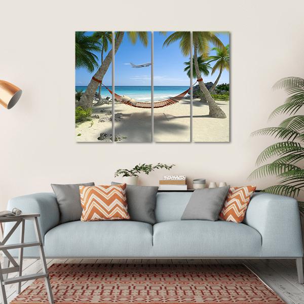 Tropical Beach With A Hammock Hanging From Palm Trees Canvas Wall Art-4 Horizontal-Gallery Wrap-34" x 24"-Tiaracle