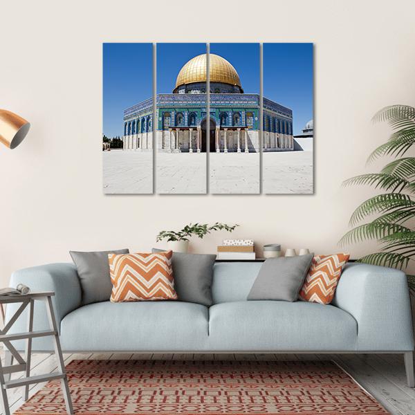 Dome of the Rock Canvas Wall Art in white, gold and blue, single panel hung on a wall