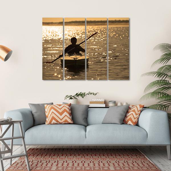 Silhouette Of A Man Rowing In The Canoe Canvas Wall Art-4 Horizontal-Gallery Wrap-34" x 24"-Tiaracle