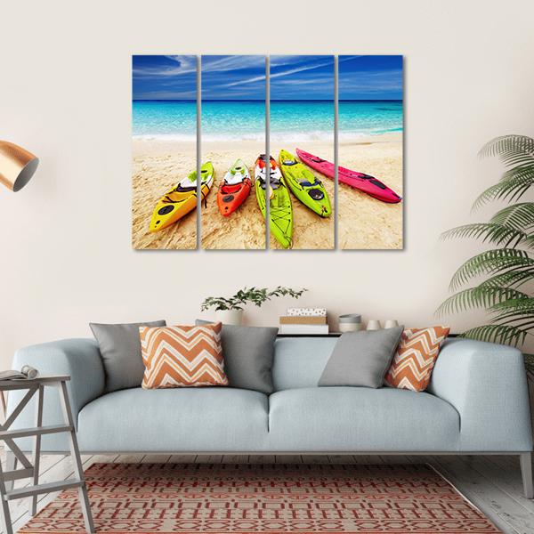 Colorful Kayaks On Beach Canvas Wall Art-4 Horizontal-Gallery Wrap-34" x 24"-Tiaracle