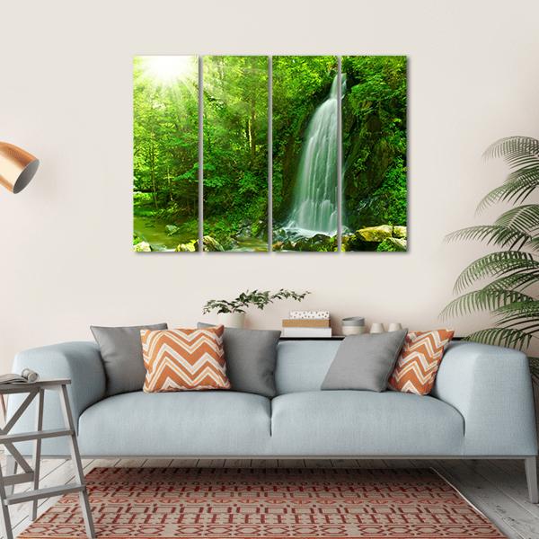 Waterfall Through Green Forest Canvas Wall Art-4 Horizontal-Gallery Wrap-34" x 24"-Tiaracle