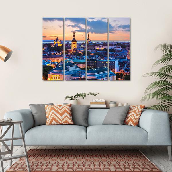 Evening Panorama Of Tallinn Canvas Wall Art-4 Horizontal-Gallery Wrap-34" x 24"-Tiaracle