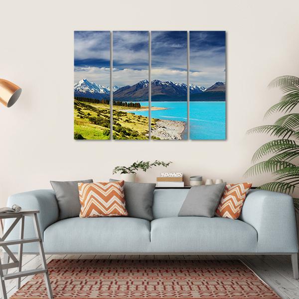 Mount Cook And Pukaki Lake Canvas Wall Art-4 Horizontal-Gallery Wrap-34" x 24"-Tiaracle