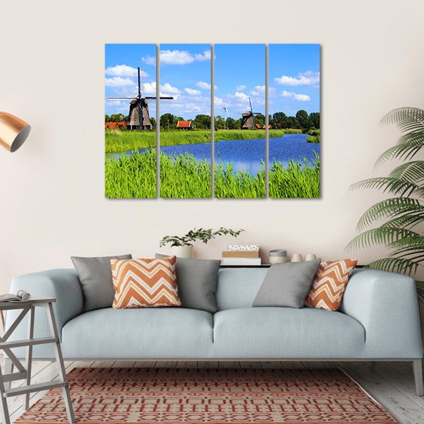 Windmills Along A Canal Near Alkmaar Canvas Wall Art-4 Horizontal-Gallery Wrap-34" x 24"-Tiaracle