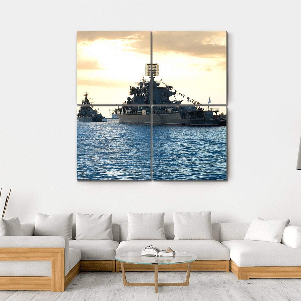 Row Of Military Ships Against Marine Sunset Canvas Wall Art-4 Square-Gallery Wrap-17" x 17"-Tiaracle