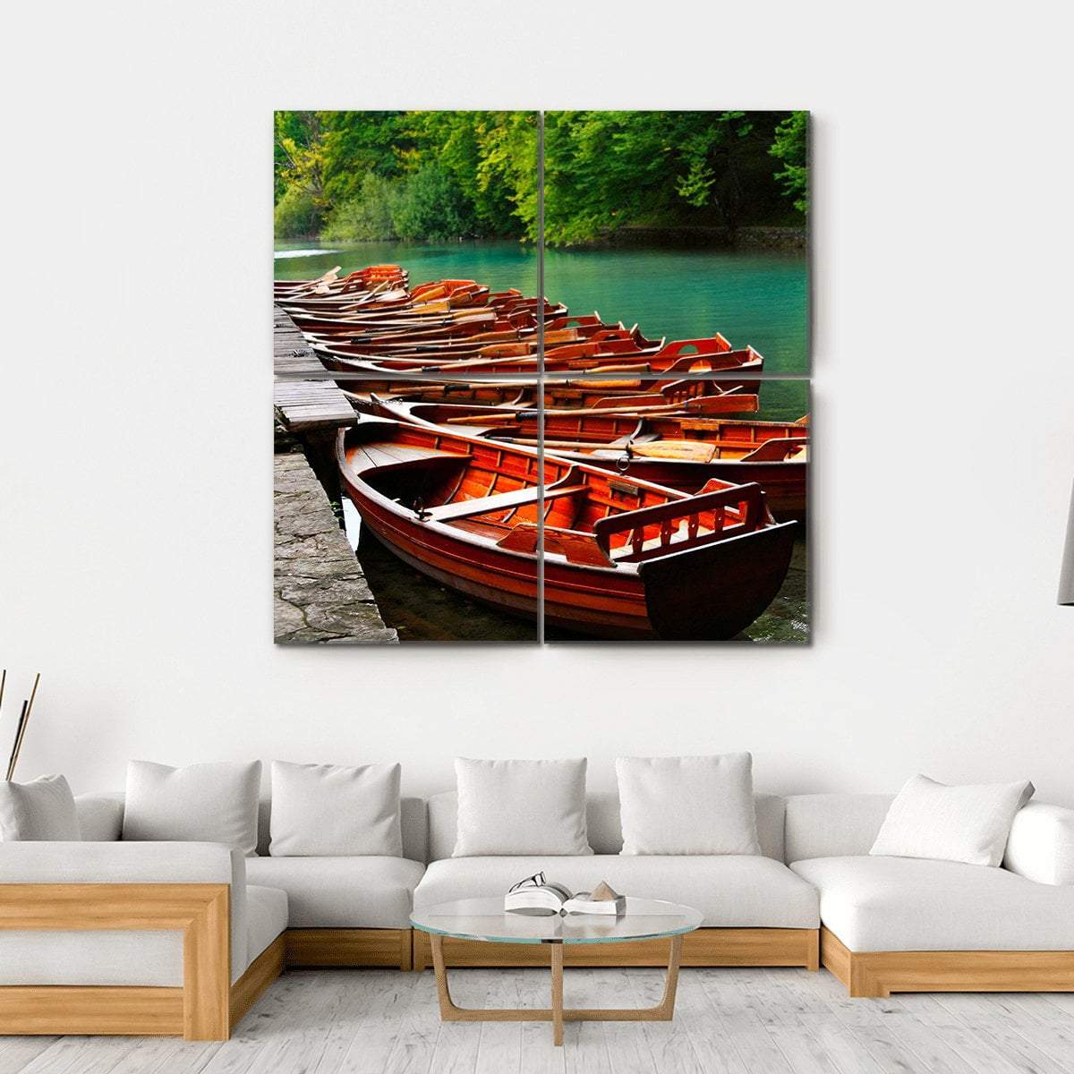 Boats In Green Lake Canvas Wall Art-4 Square-Gallery Wrap-17" x 17"-Tiaracle