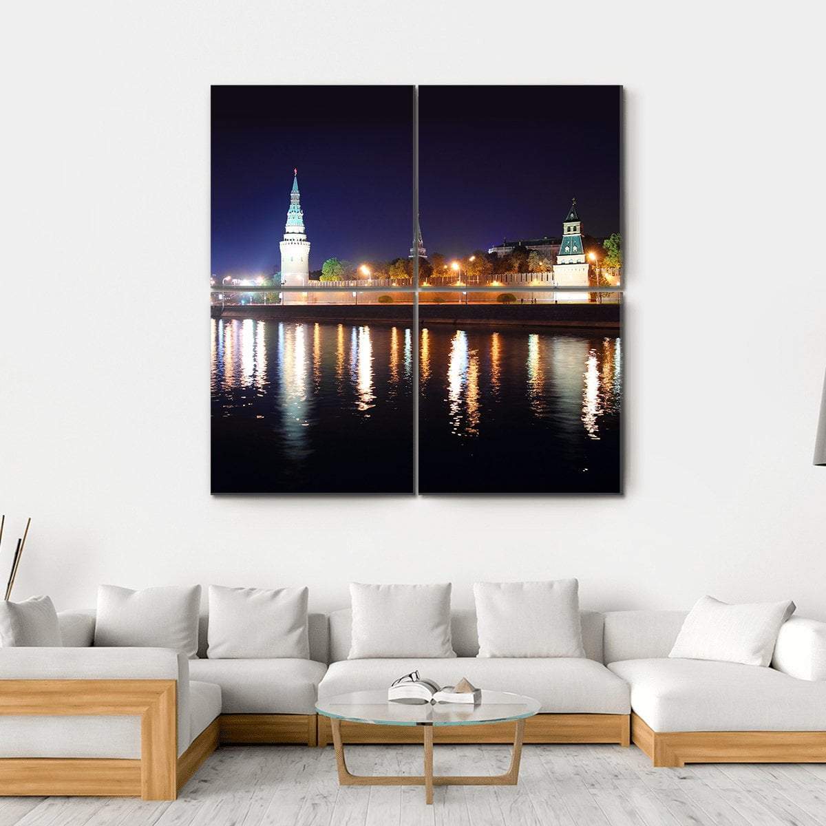 Kremlin From River At Night Canvas Wall Art-4 Square-Gallery Wrap-17" x 17"-Tiaracle