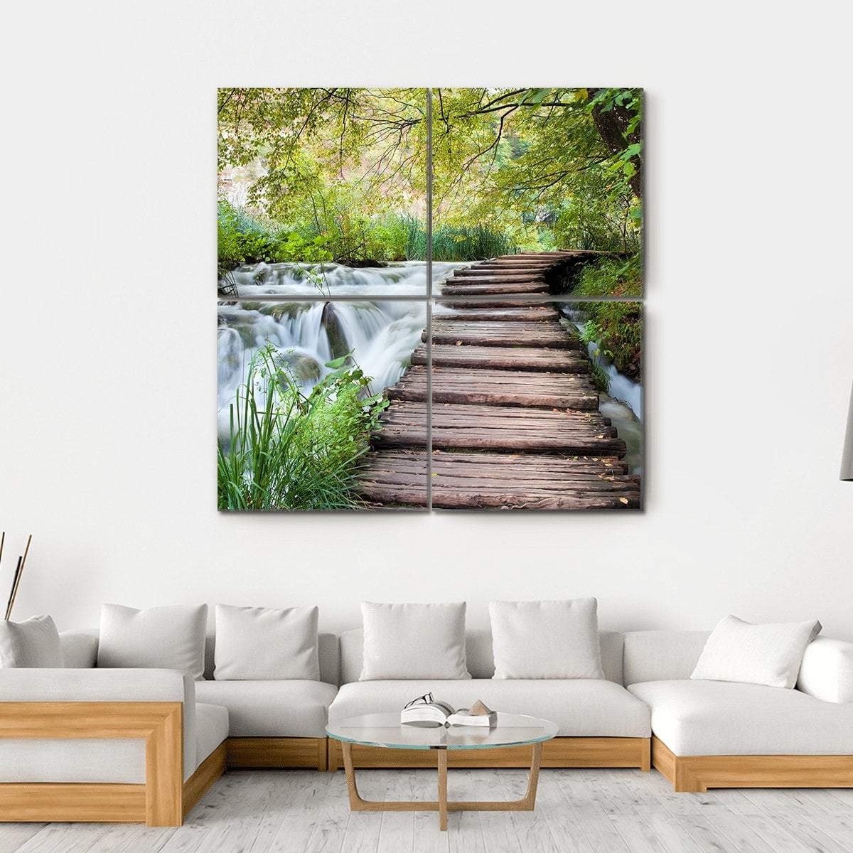 Wooden Path Along The Stream In Forest Canvas Wall Art-4 Square-Gallery Wrap-17" x 17"-Tiaracle